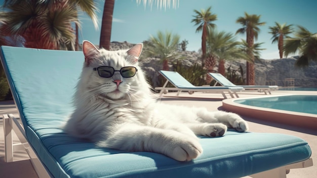 Photo a cat wearing sunglasses lies on a lounge chair in front of palm trees