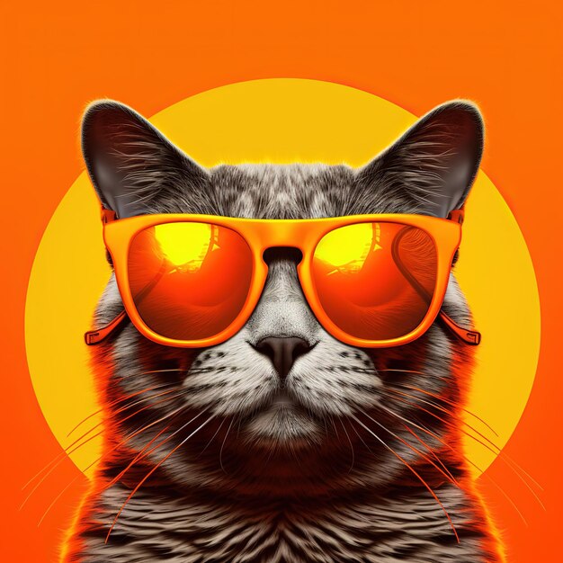 Cat wearing sunglasses on orange background half body summer vacation