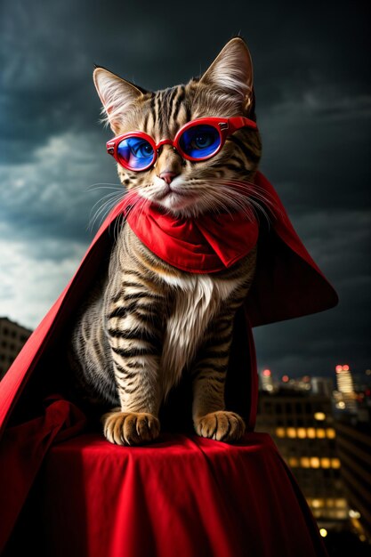 A Cat Wearing Sunglasses And A Red Cape