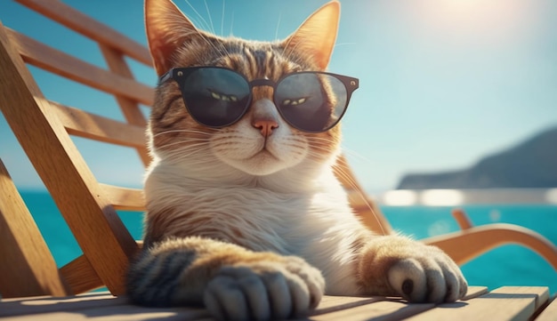 바다 배경의 데크 체어에 앉아 휴식을 취하는 선글라스를 쓴 고양이 Generative AI