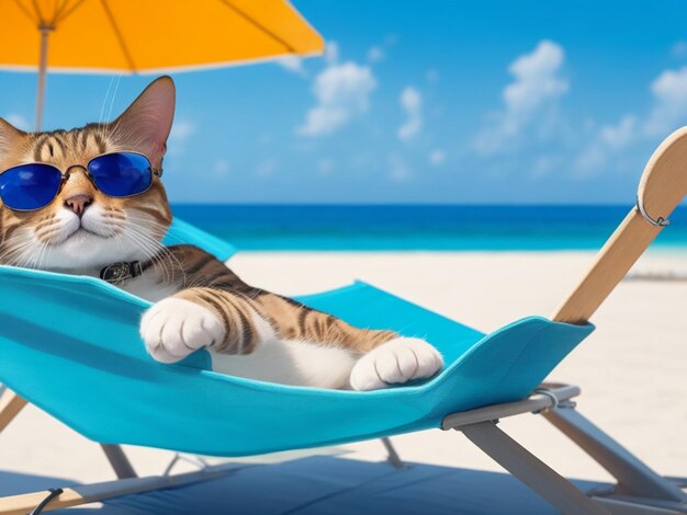 Cat wearing sunglasses relaxing sitting on deckchair in the sea background