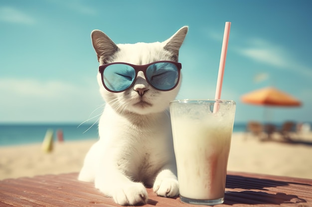 A cat wearing sunglasses sits on a beach with a glass of milk.