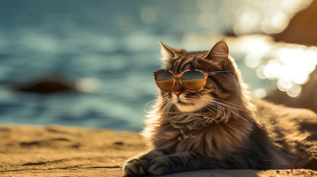 A cat wearing sunglasses sits on a beach