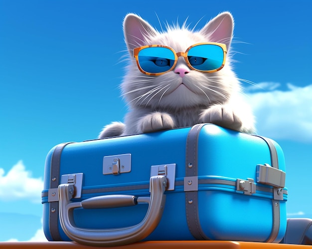 A cat wearing sunglasses sits in a suitcase.