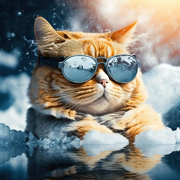 A cat wearing sunglasses and a snowy scene