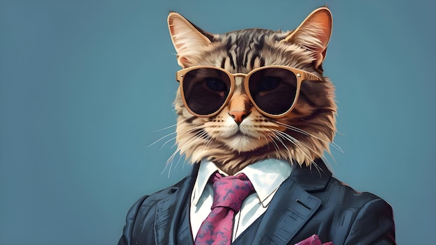 a cat wearing sunglasses and a suit with a tie that says cat in glasses
