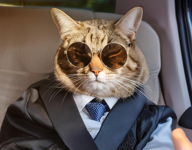 Photo a cat wearing sunglasses and a suit with a tie