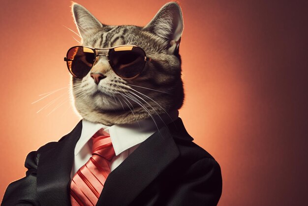 Photo a cat wearing sunglasses and a suit with a tie