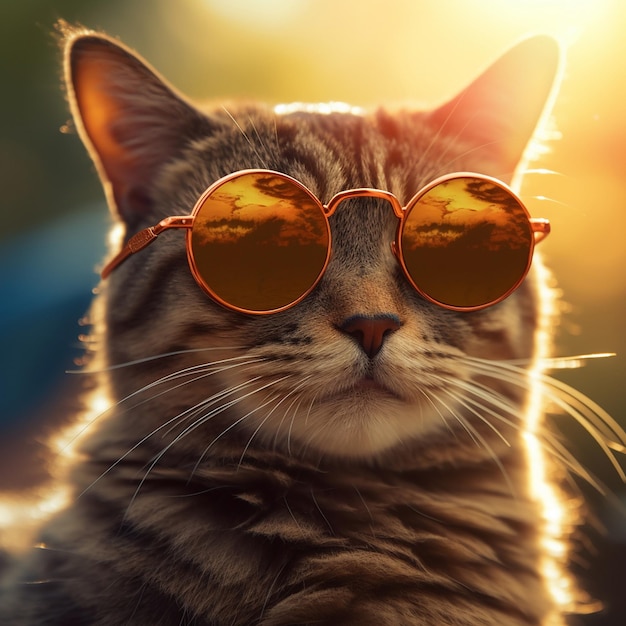 a cat wearing sunglasses that has the sun shining on it.