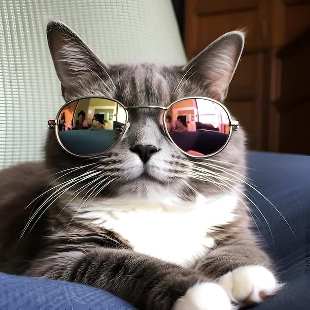 A cat wearing sunglasses that says " the word " on it.