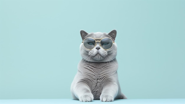 a cat wearing sunglasses with a blue background behind it
