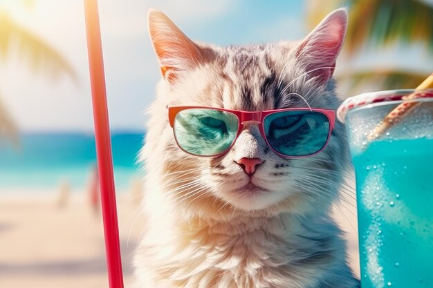 カクテルを飲みながらサングラスをかぶった猫が海の背景でリラックスしていますこんにちは夏ジェネレーティブAI