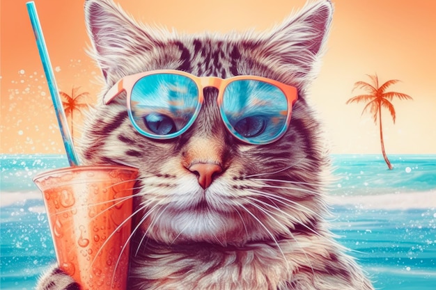 Photo cat wearing sunglasses with cocktail relaxing in the sea background hello summer generative ai