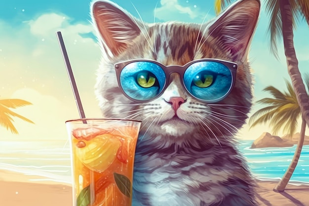 Cat wearing sunglasses with cocktail relaxing in the sea background Hello summer Generative AI