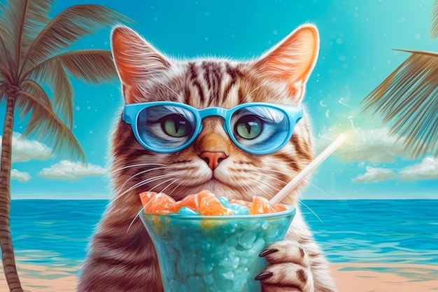 Cat wearing sunglasses with cocktail relaxing in the sea background hello summer generative ai
