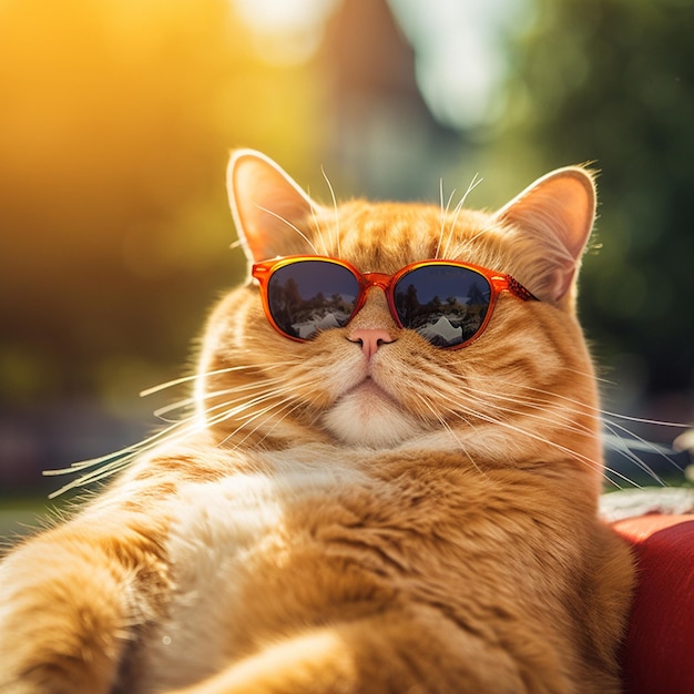 태양이 비치는 선글라스를 입은 고양이.