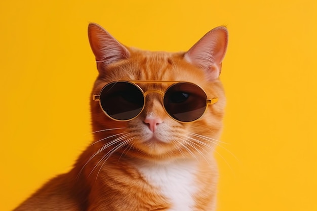 A cat wearing sunglasses and a yellow background