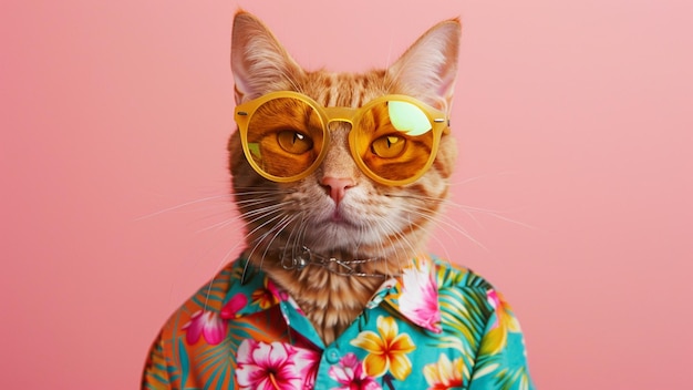 cat wearing sunglassses on pink background