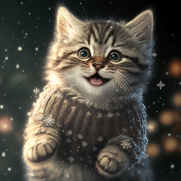 「猫大好き」と書かれたセーターを着た猫。