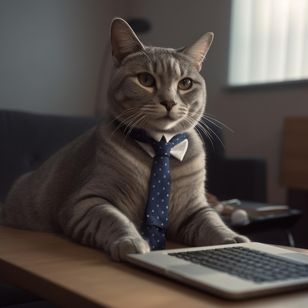 Photo a cat wearing a tie and a tie is sitting at a desk with a laptop.