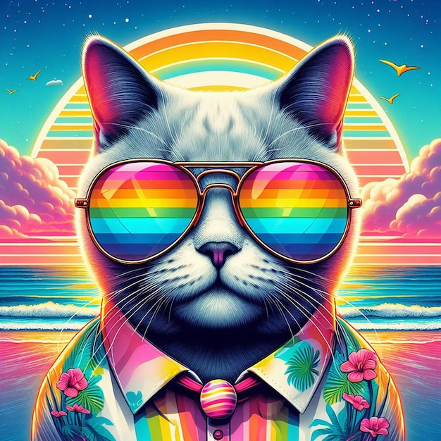 a cat wearing a tie with a rainbow in the background