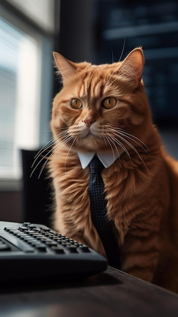 A cat wearing a tie with the word cat on it