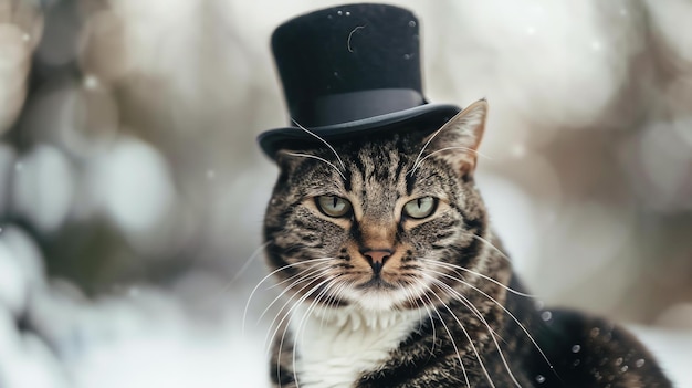 Кошка в верхней шляпе смотрит в камеру с серьезным выражением лица