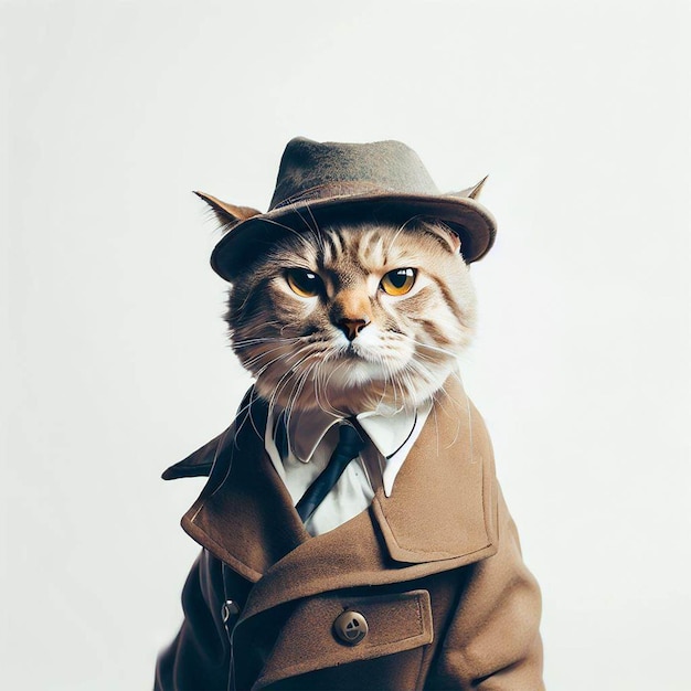 A cat wearing a trench coat and a hat