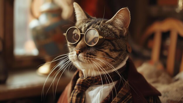 Photo a cat wearing a tweed jacket and round glasses is sitting in a library looking up at a book on a shelf