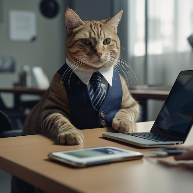 A cat wearing a vest and tie is sitting at a desk with a laptop and a person holding a pen.