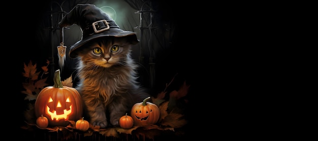 A Cat Wearing a Witch Hat and Pumpkin on a Dark Background