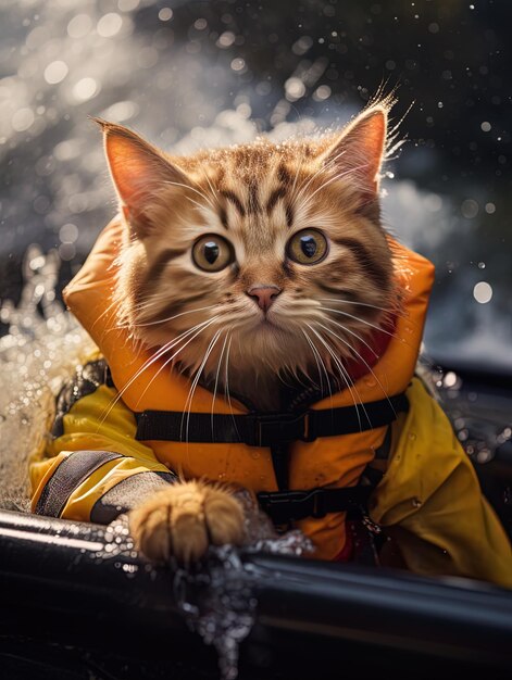 a cat wearing a yellow jacket that says  cat