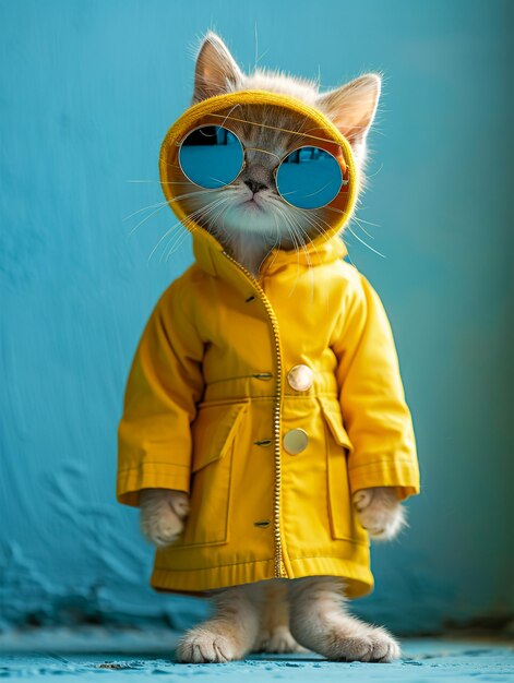 a cat wearing a yellow jacket with a hood that says  cat