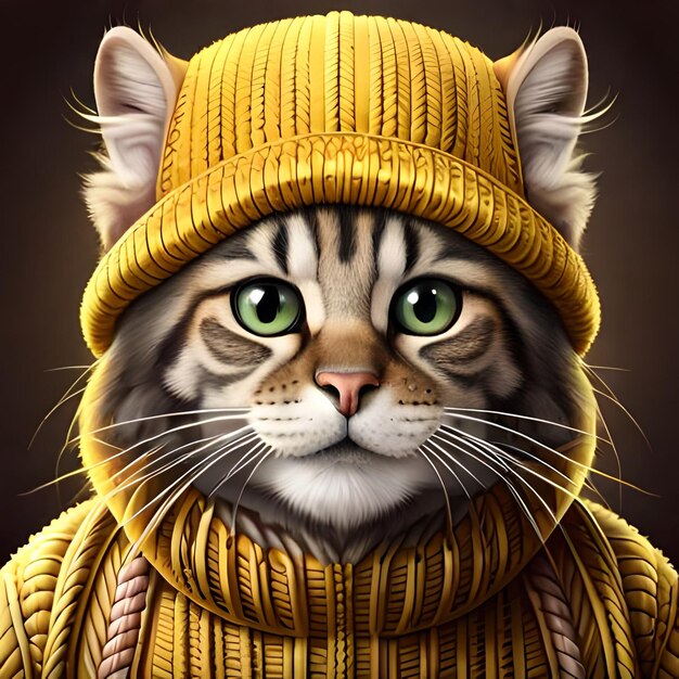 A cat wearing a yellow sweater and a yellow hat