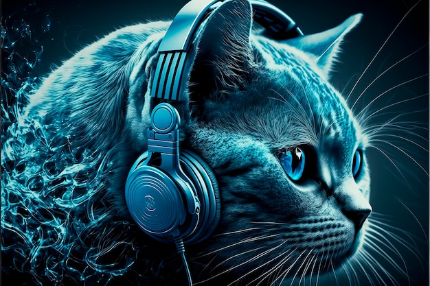 Cat Wears Headphones Neon Blue Tone