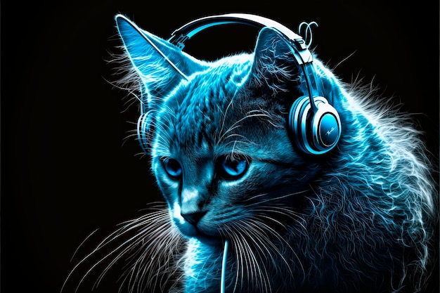 Cat wears headphones neon blue tone