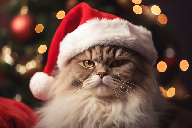 Cat wears red colored Santa's hat for Christmas Eve Generative AI