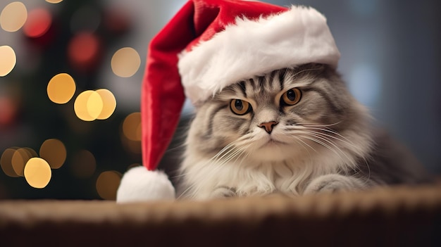 Cat wears red colored Santa's hat for Christmas Eve Generative AI