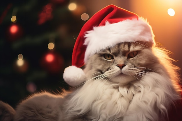 Cat wears red colored Santa's hat for Christmas Eve Generative AI