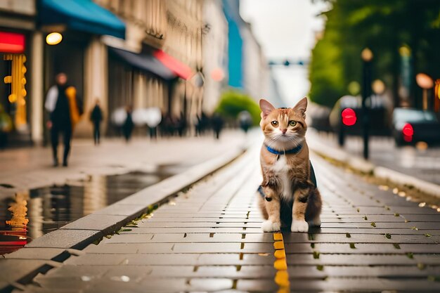 a cat on a wet sidewalk in the rain