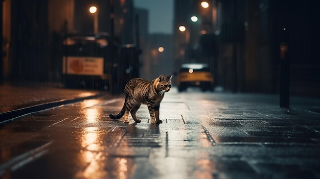 A cat on a wet street at night