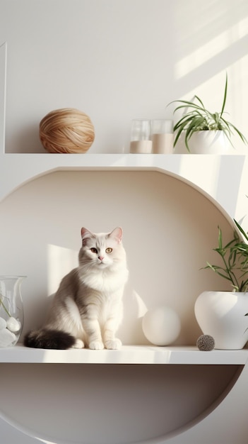 Cat white living room minimalist interior shelf mockup home interior modern white empty Copy space