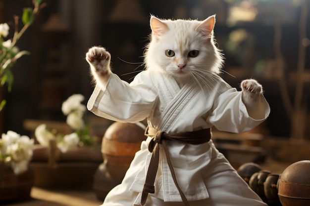 A cat in a white outfit practicing karate