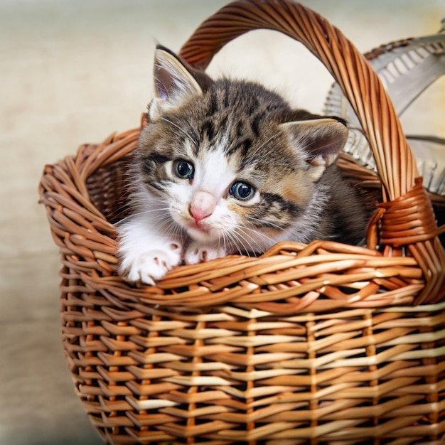 Photo cat in wicker basket