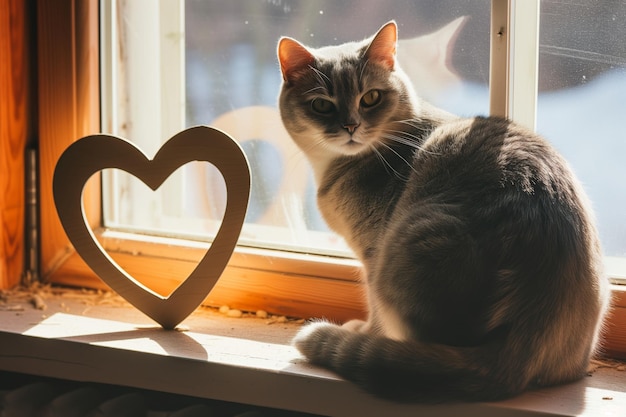 Photo cat on windowsill sunlit with a heart cutout nearby