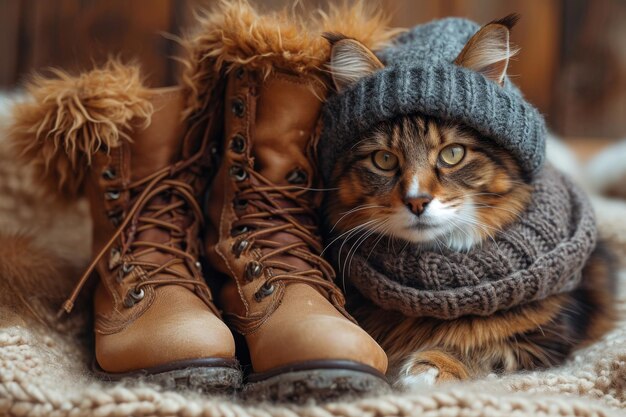a cat in a winter hat and scarf in the afternoon in winter on the street near the owners shoes