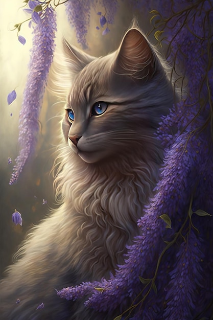 Cat wisteria flower, pastel illustration
