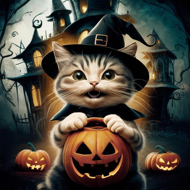 a cat in a witch hat holds a pumpkin