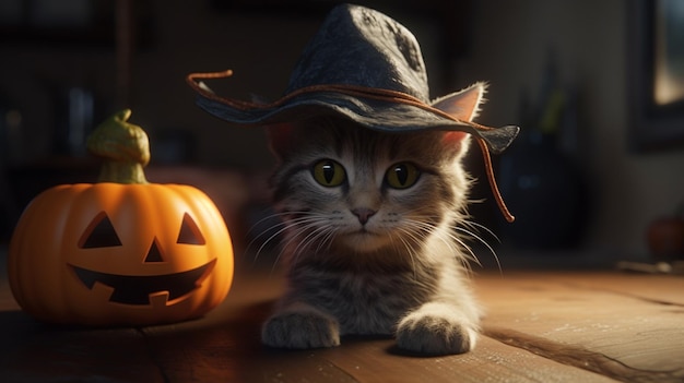 A cat in a witch hat poses next to a pumpkin with the word cat on it.