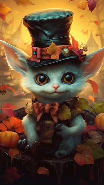 A cat in a witch hat and a pumpkin